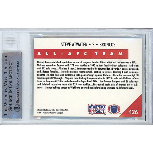 Steve Atwater Denver Broncos Autographed 1991 Pro Set Football Card Beckett Slab - Picture 2 of 5